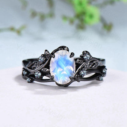 Unique black gold moonstone ring set Nature Inspired June birthstone engagement ring vintage cluster alexandrite Leaf wedding ring set women - PENFINE