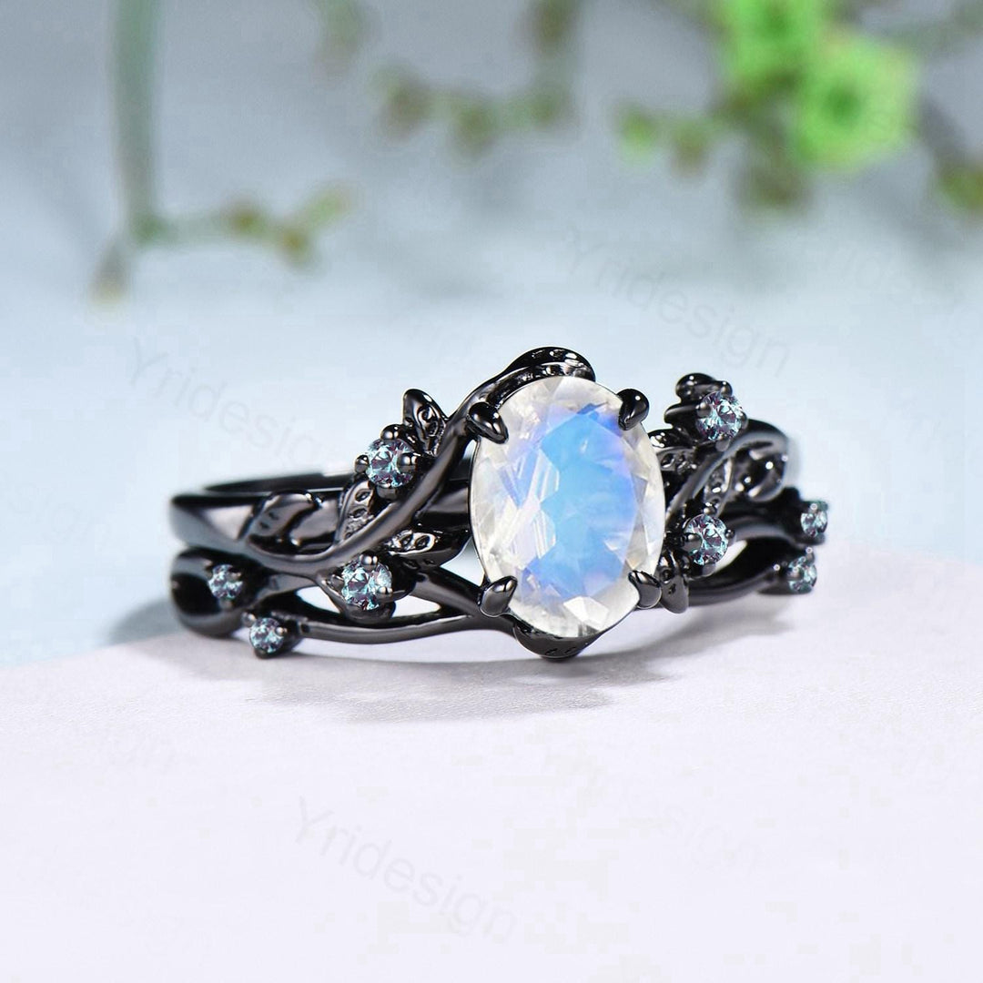 Unique black gold moonstone ring set Nature Inspired June birthstone engagement ring vintage cluster alexandrite Leaf wedding ring set women - PENFINE