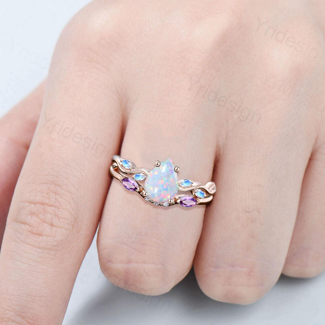 Vintage Pear Shaped White Opal Engagement Ring Set Unique Marquise Moonstone Opal Wedding Ring Set Rose Gold  Amethyst Stacking Band Women - PENFINE