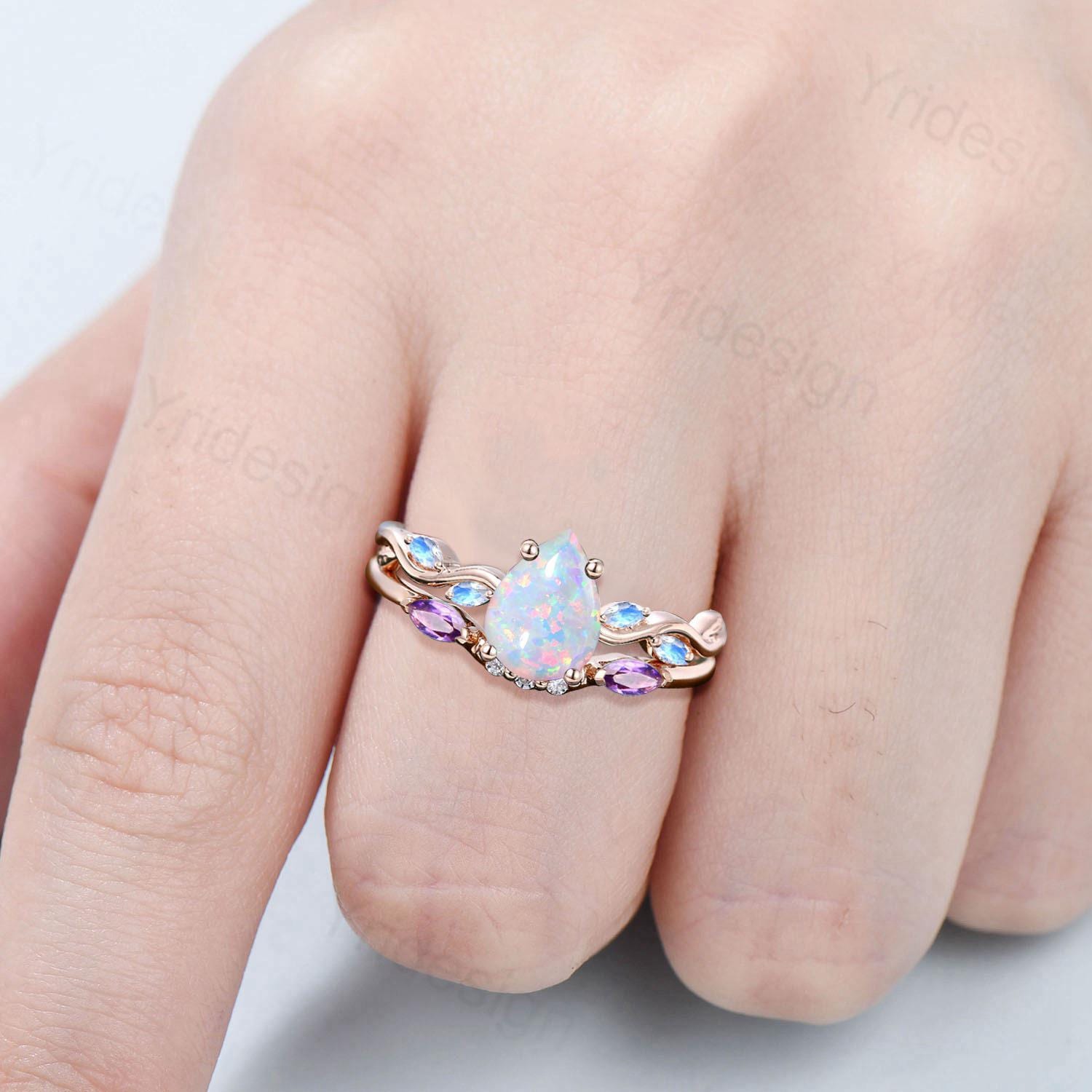 Vintage Pear Shaped White Opal Engagement Ring Set Unique Marquise Moonstone Opal Wedding Ring Set Rose Gold  Amethyst Stacking Band Women - PENFINE