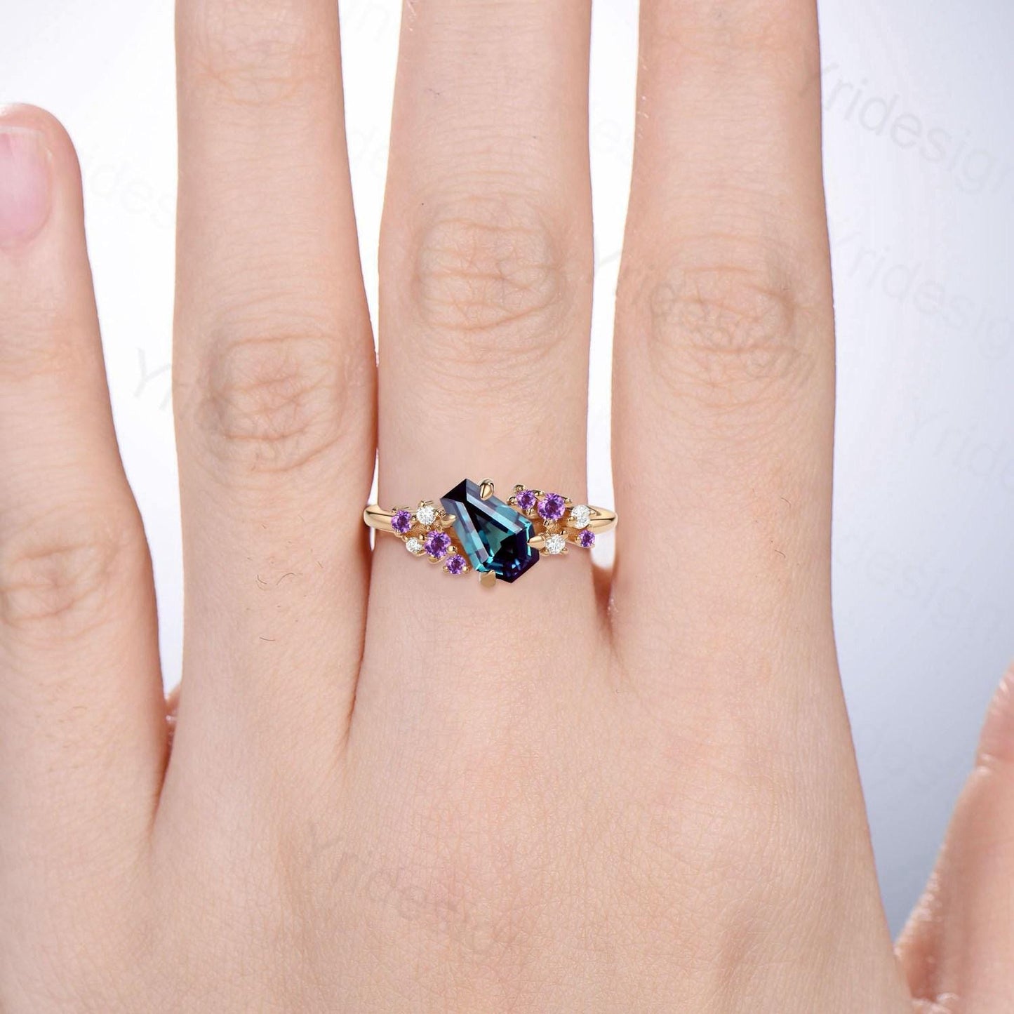 Unique Coffin Alexandrite engagement ring color-change cluster amethyst moissanite anniversary ring for women June birthstone wedding gifts - PENFINE