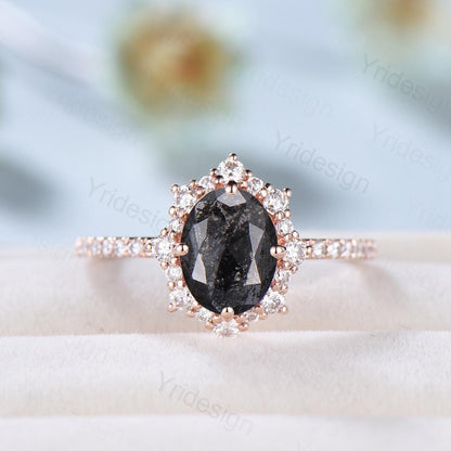 Vintage salt and pepper diamond engagement ring 14k rose gold Retro halo diamond pave set band antique promise ring anniversary gift for Her - PENFINE