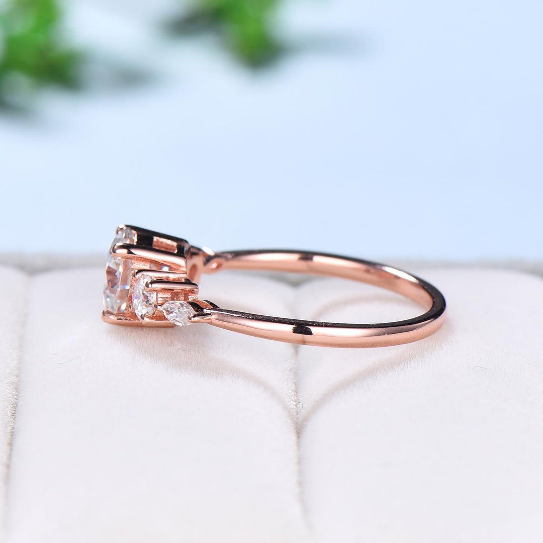 Five Stone IGI Certified Lab Grown Diamond Engagement Ring, Round Cut D Color VVS2 Clarity, Side Round & Marquise lab Diamonds Rose Gold - PENFINE