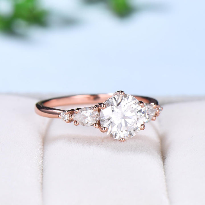 1 Carat D Color VVS2 Clarity IGI Certified Lab Grown Round Cut Diamond Five Stone Engagement Ring, Side Pear & Marquise Diamonds Rose Gold - PENFINE