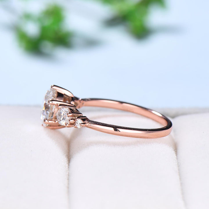 1 Carat D Color VVS2 Clarity IGI Certified Lab Grown Round Cut Diamond Five Stone Engagement Ring, Side Pear & Marquise Diamonds Rose Gold - PENFINE