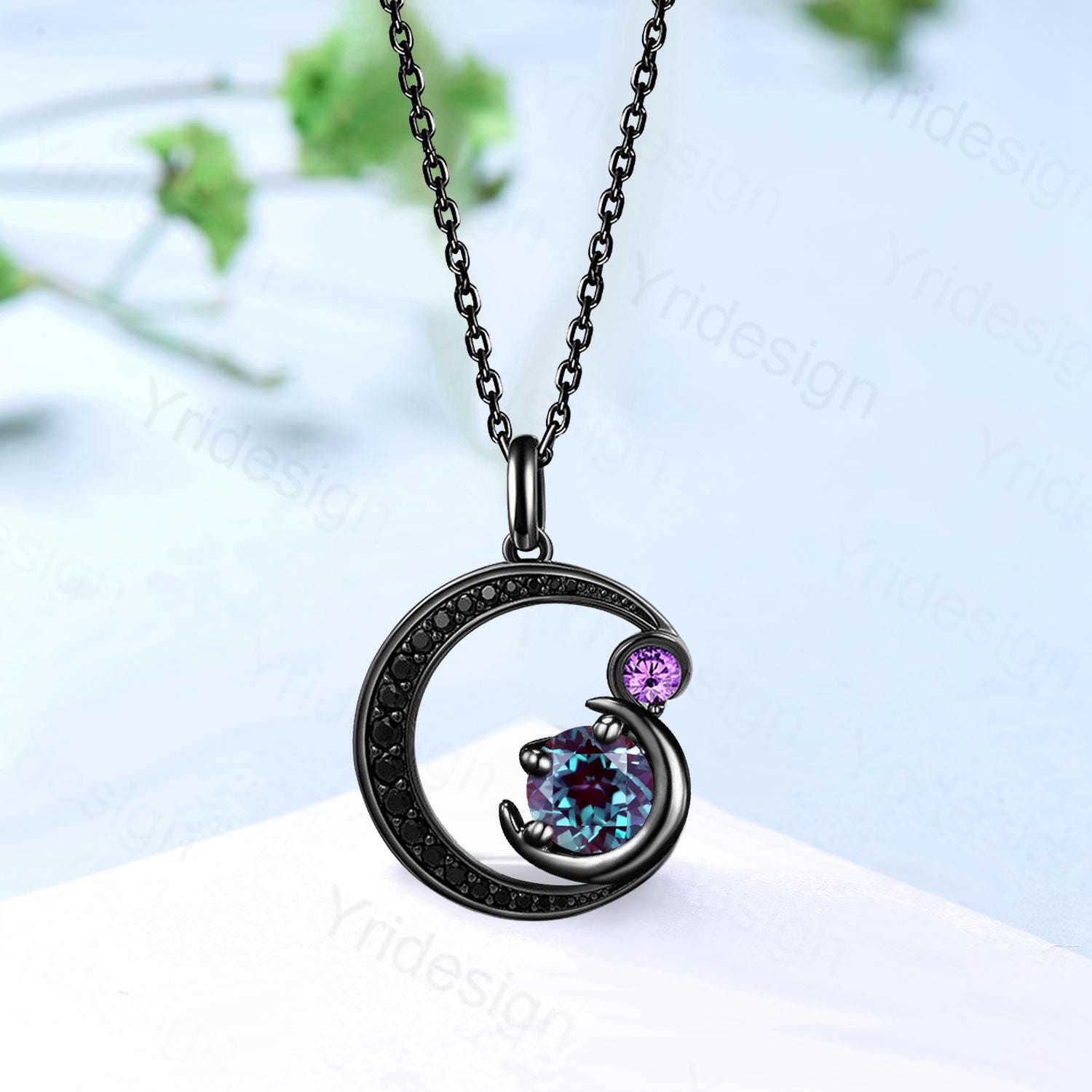 Unique Black Gold Alexandrite Necklace Magic Crescent Moon Amethyst Black Spinel Pendant Necklace Halloween Gothic Anniversary gift for girl - PENFINE