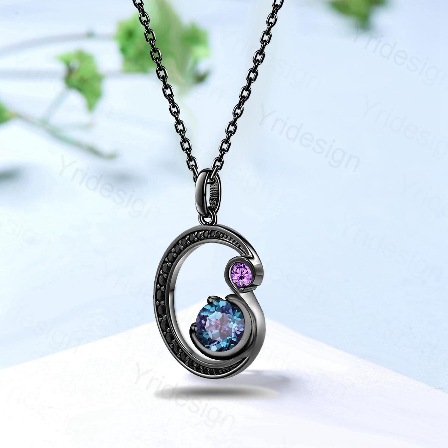 Unique Black Gold Alexandrite Necklace Magic Crescent Moon Amethyst Black Spinel Pendant Necklace Halloween Gothic Anniversary gift for girl - PENFINE