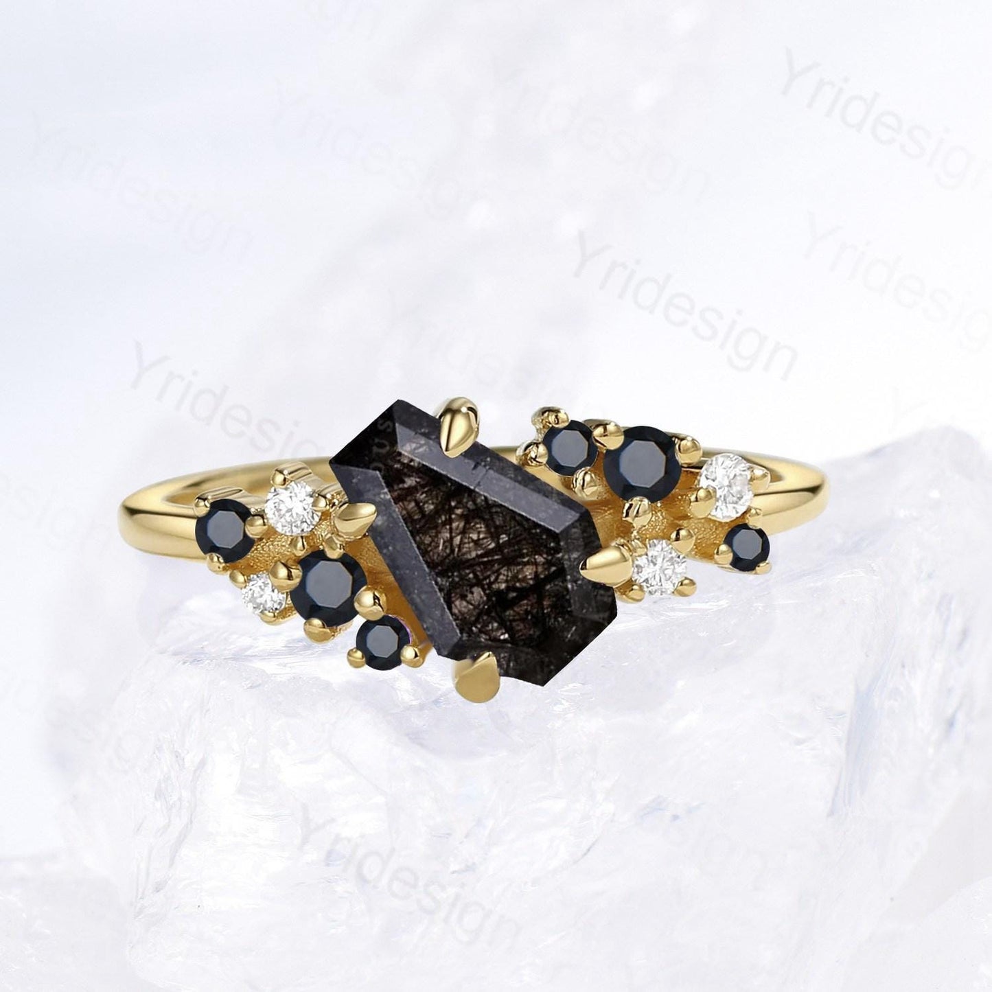 Unique Coffin black rutilated quartz engagement ring cluster natural spinel anniversary ring for women art deco black promise ring - PENFINE