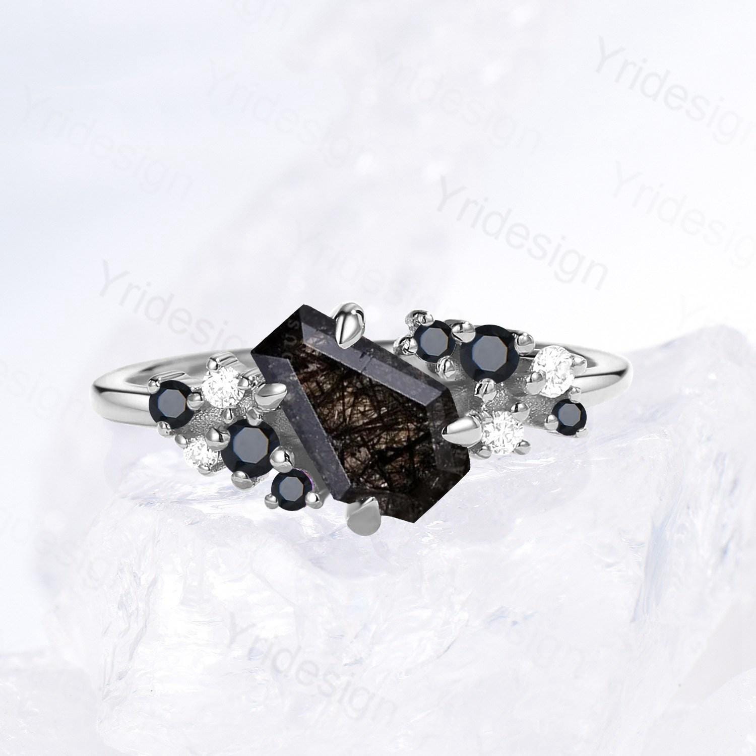 Unique Coffin black rutilated quartz engagement ring cluster natural spinel anniversary ring for women art deco black promise ring - PENFINE