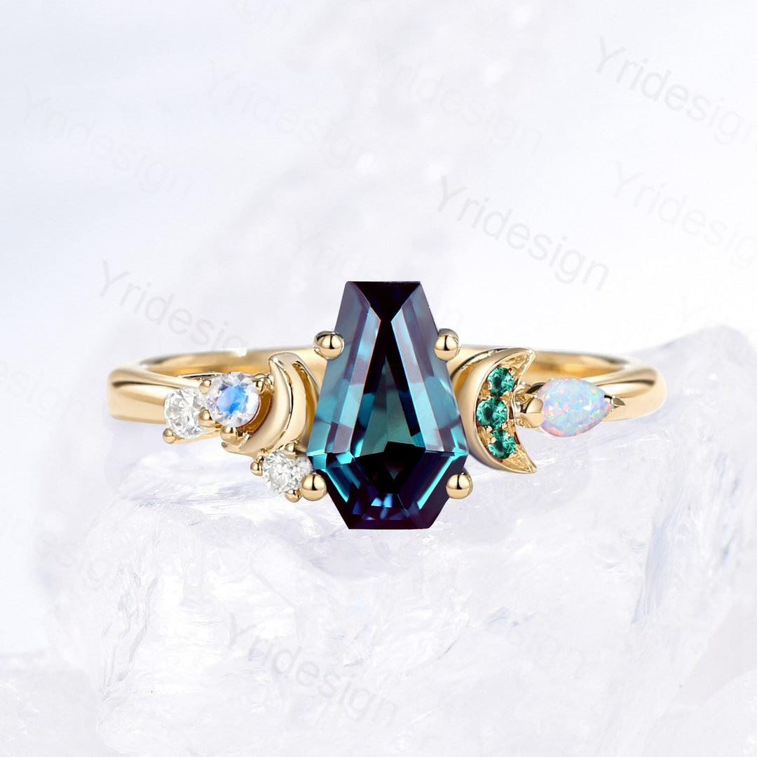 Unique moon ring Coffin cut Alexandrite engagement ring color-change cluster emerald, moonstone and white opal, June birthstone wedding ring - PENFINE