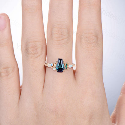 Unique moon ring Coffin cut Alexandrite engagement ring color-change cluster emerald, moonstone and white opal, June birthstone wedding ring - PENFINE