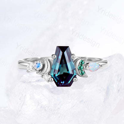 Unique moon ring Coffin cut Alexandrite engagement ring color-change cluster emerald, moonstone and white opal, June birthstone wedding ring - PENFINE