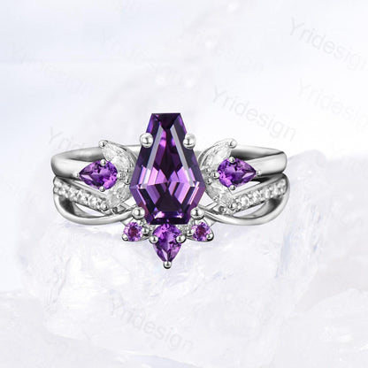 Vintage Coffin Cut Amethyst Ring Set, 2pcs February Birthstone Bridal Ring Set, Infinity Amethyst Stacking Band Handmade Proposal Gifts Her - PENFINE