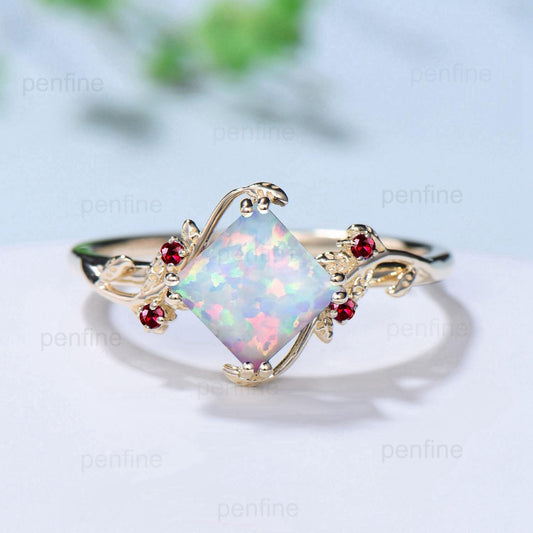 Twig Princess Cut Opal Engagement Ring Vintage White Opal Leaf Ring Nature Inspired Bridal Ring Branch Cluster emerald Wedding Ring Women - PENFINE