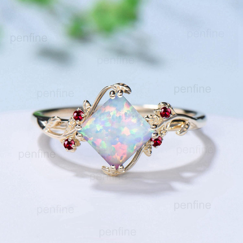 Twig Princess Cut Opal Engagement Ring Vintage White Opal Leaf Ring Nature Inspired  Bridal Ring Branch Cluster emerald Wedding Ring Women - PENFINE