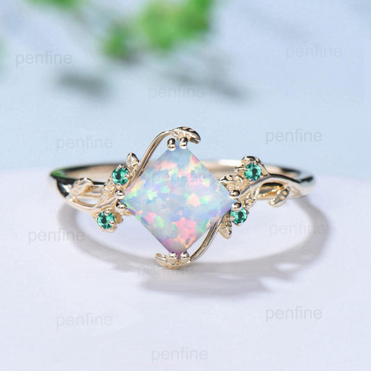 Twig Princess Cut Opal Engagement Ring Vintage White Opal Leaf Ring Nature Inspired  Bridal Ring Branch Cluster emerald Wedding Ring Women - PENFINE