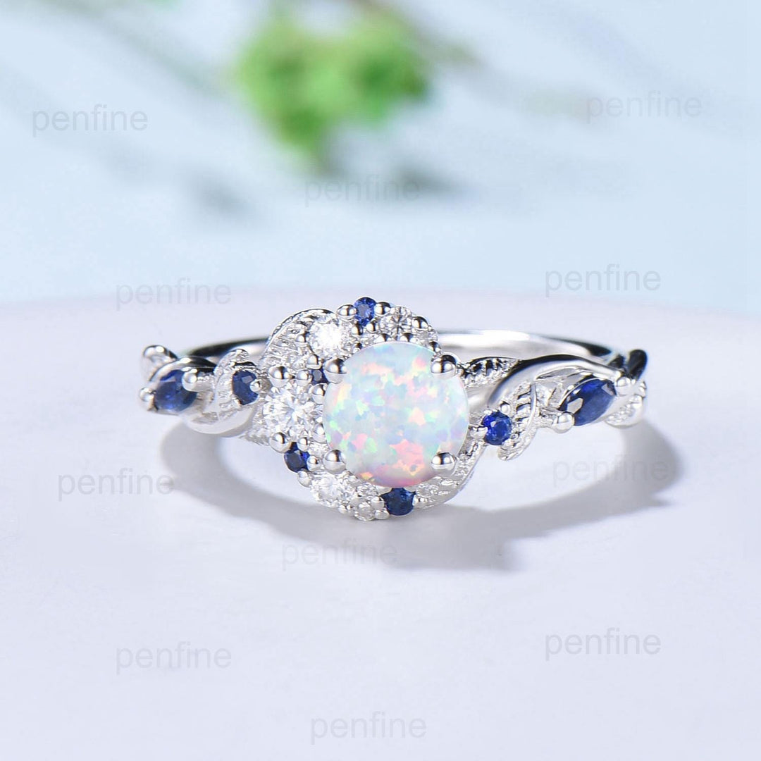 5mm Round White Opal Sapphire Engagement Ring Moon Style Cluster Moissanite Wedding Ring Women Nature Inspired Band October Birthstone Gift - PENFINE