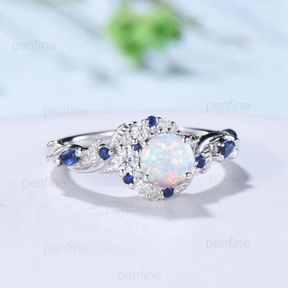 5mm Round White Opal Sapphire Engagement Ring Moon Style Cluster Moissanite Wedding Ring Women Nature Inspired Band October Birthstone Gift - PENFINE