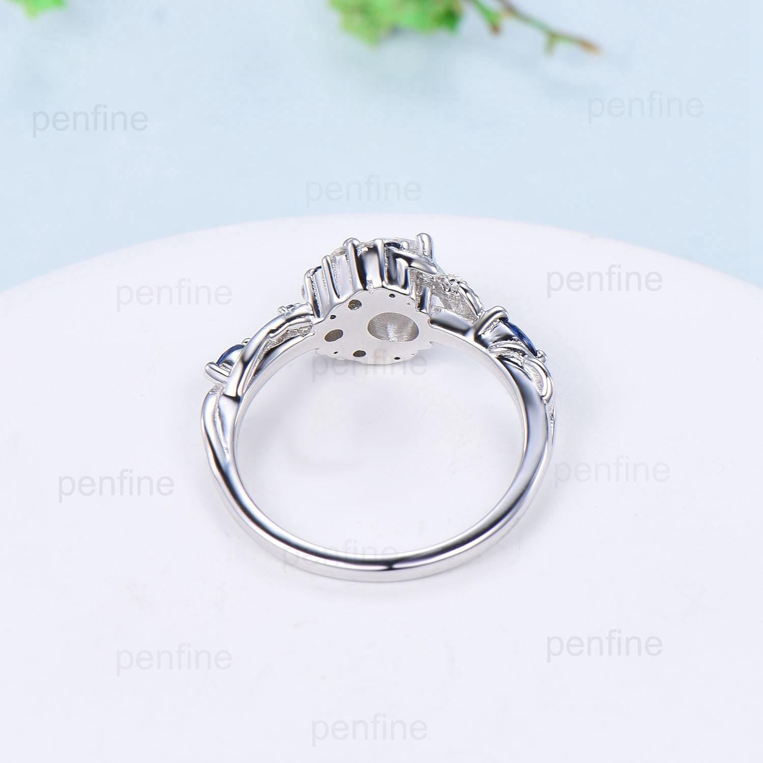 5mm Round White Opal Sapphire Engagement Ring Moon Style Cluster Moissanite Wedding Ring Women Nature Inspired Band October Birthstone Gift - PENFINE