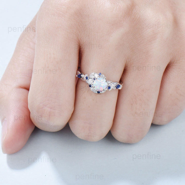 5mm Round White Opal Sapphire Engagement Ring Moon Style Cluster Moissanite Wedding Ring Women Nature Inspired Band October Birthstone Gift - PENFINE