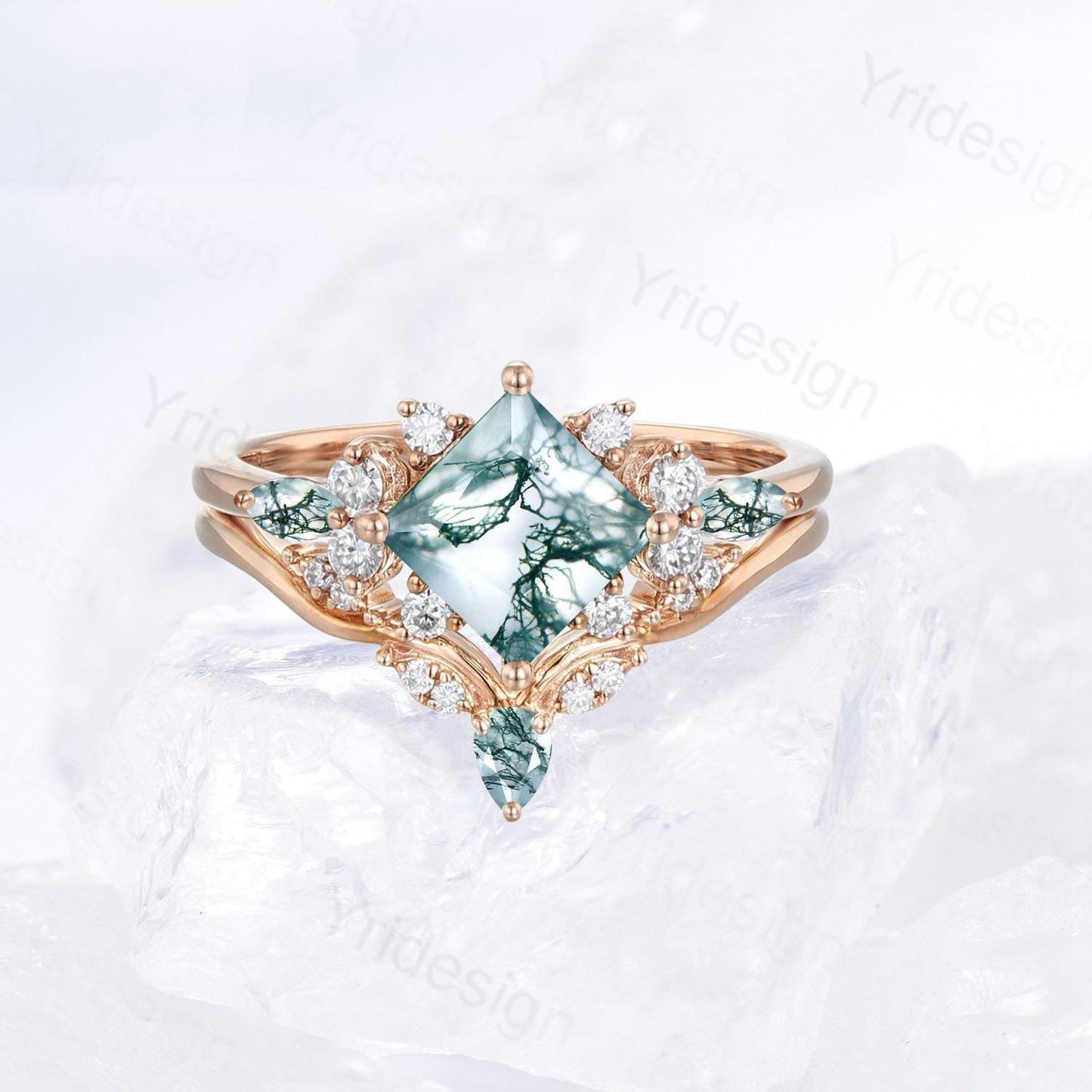 Princess Cut Nature Green Moss Agate Engagement Ring 14K Rose Gold  Cluster Bridal Ring Set Unique Art Deco Moissanite Bridal Ring For Women - PENFINE