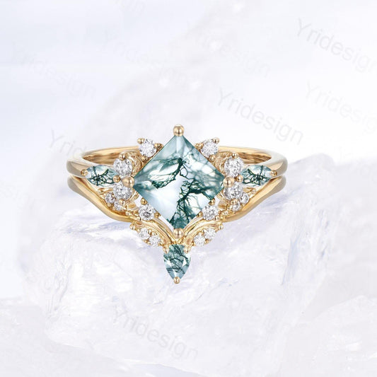 Princess Cut Nature Green Moss Agate Engagement Ring 14K Rose Gold Cluster Bridal Ring Set Unique Art Deco Moissanite Bridal Ring For Women - PENFINE