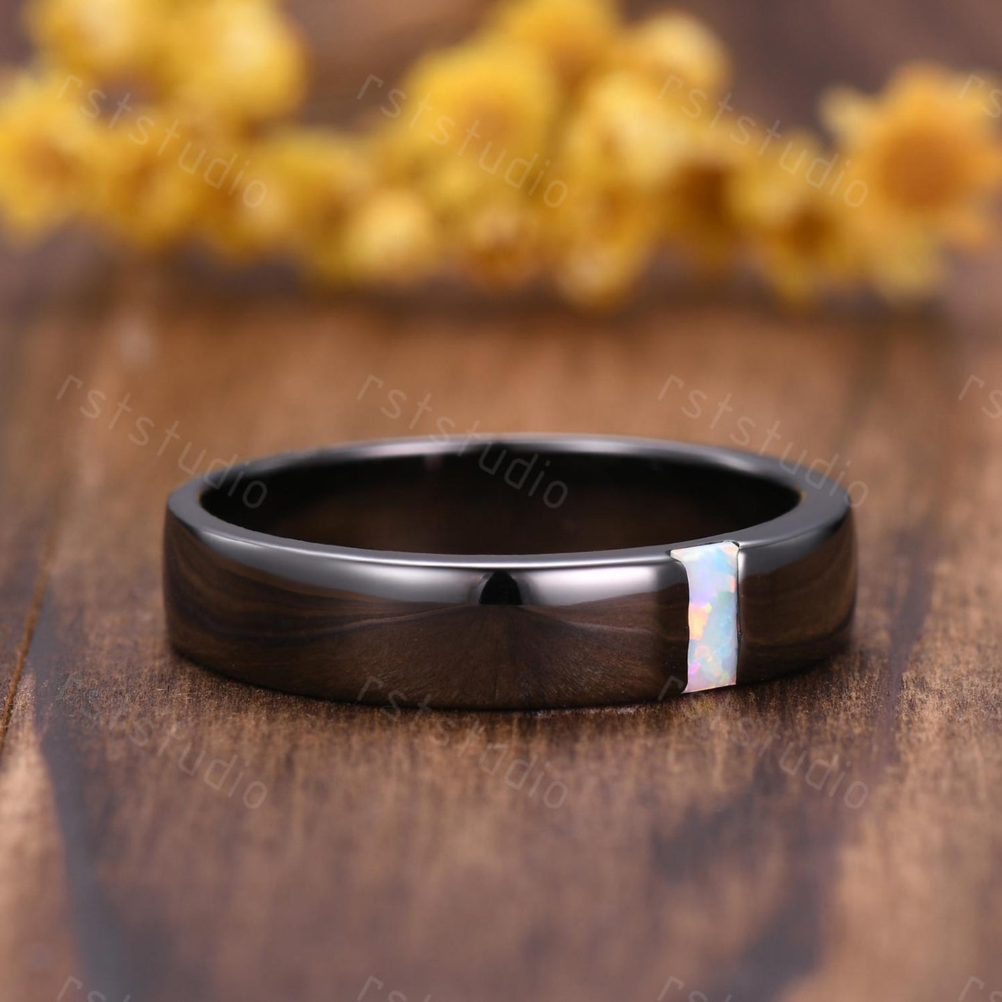 5mm Mens White Opal Wedding Band: Black Gold Retro Ring