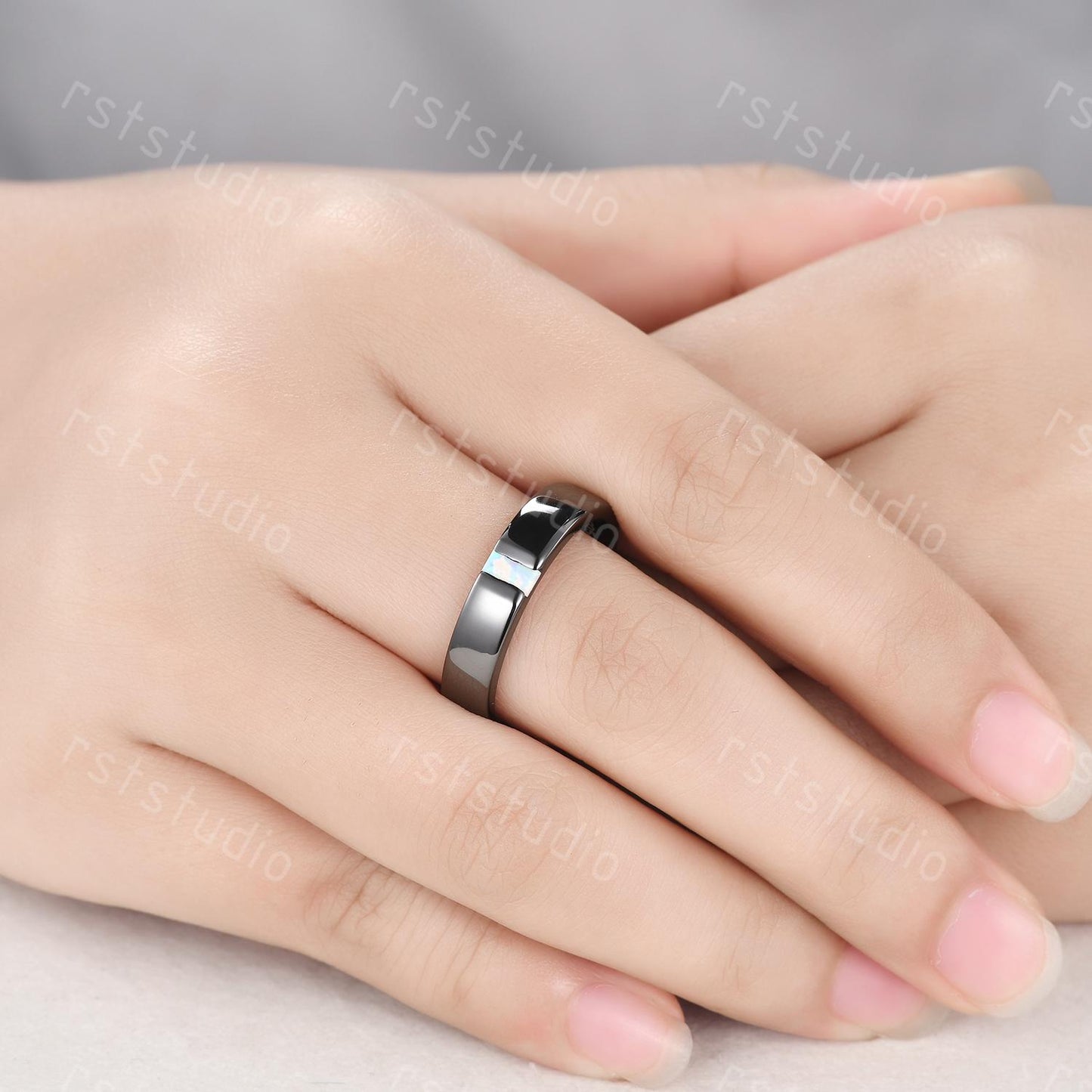 5mm Mens White Opal Wedding Band: Black Gold Retro Ring