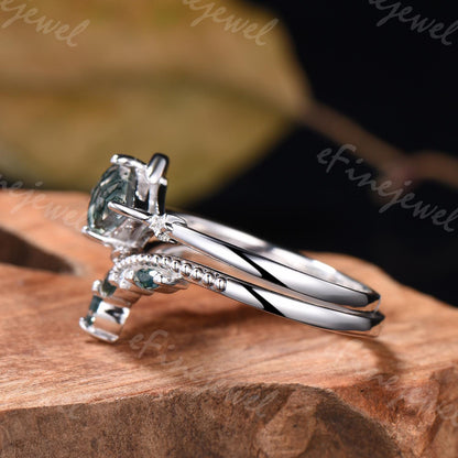 Kite Cut Moss Agate Ring Set: White Gold Moon Engagement Ring