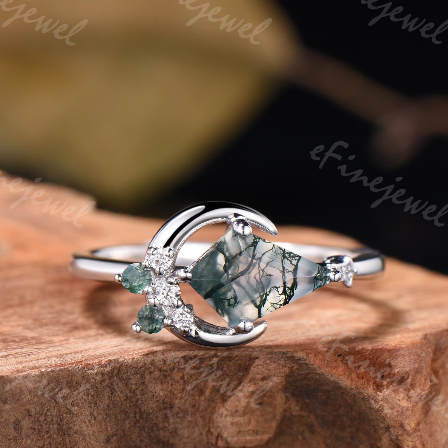 Kite Cut Moss Agate Ring Set: White Gold Moon Engagement Ring