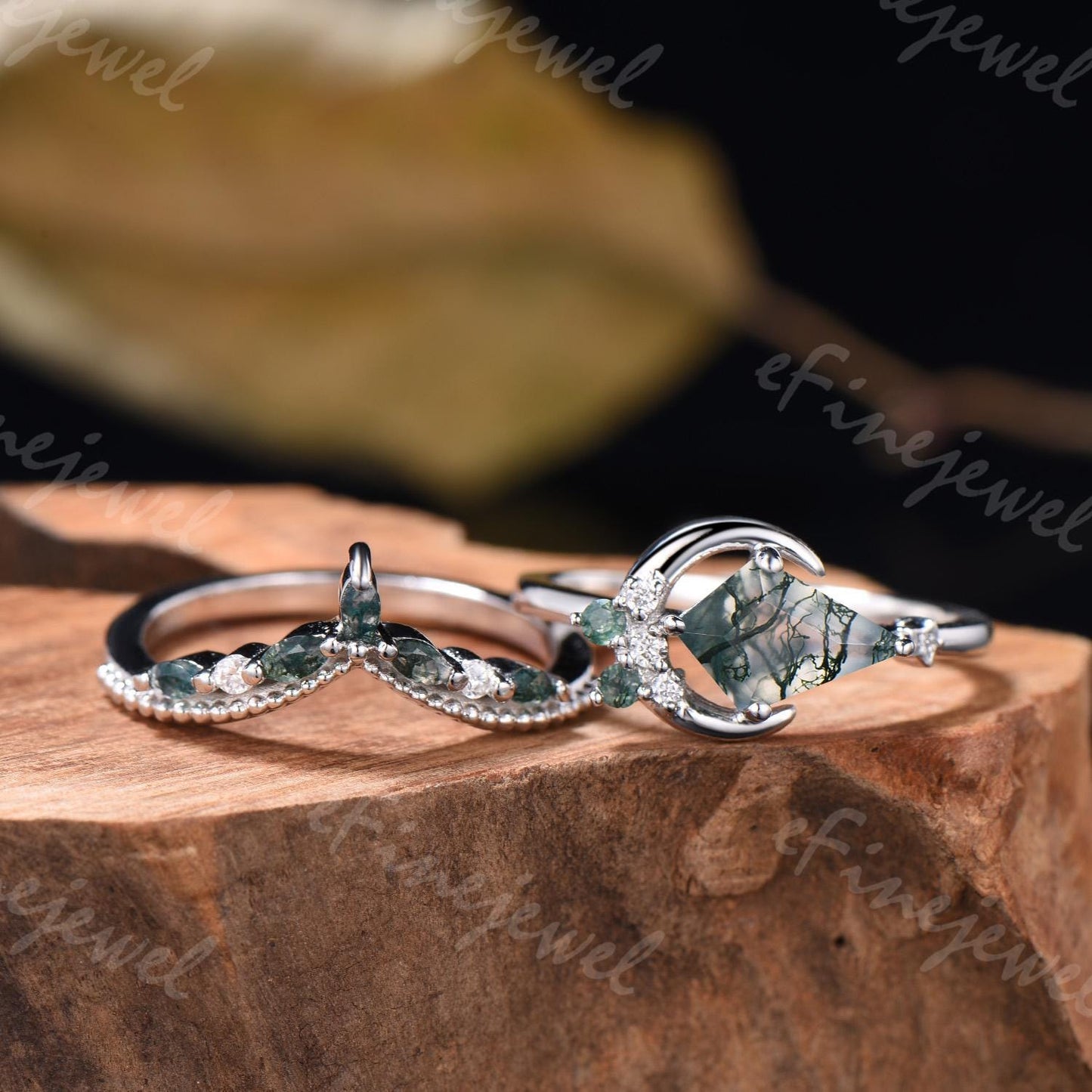 Kite Cut Moss Agate Ring Set: White Gold Moon Engagement Ring