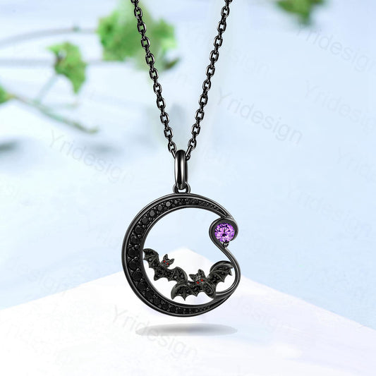 Unique Black Gold Night Moon Bat Gothic Pendant Necklace Magic Crescent Moon Amethyst Black Spinel Necklace Halloween Anniversary gift Women - PENFINE