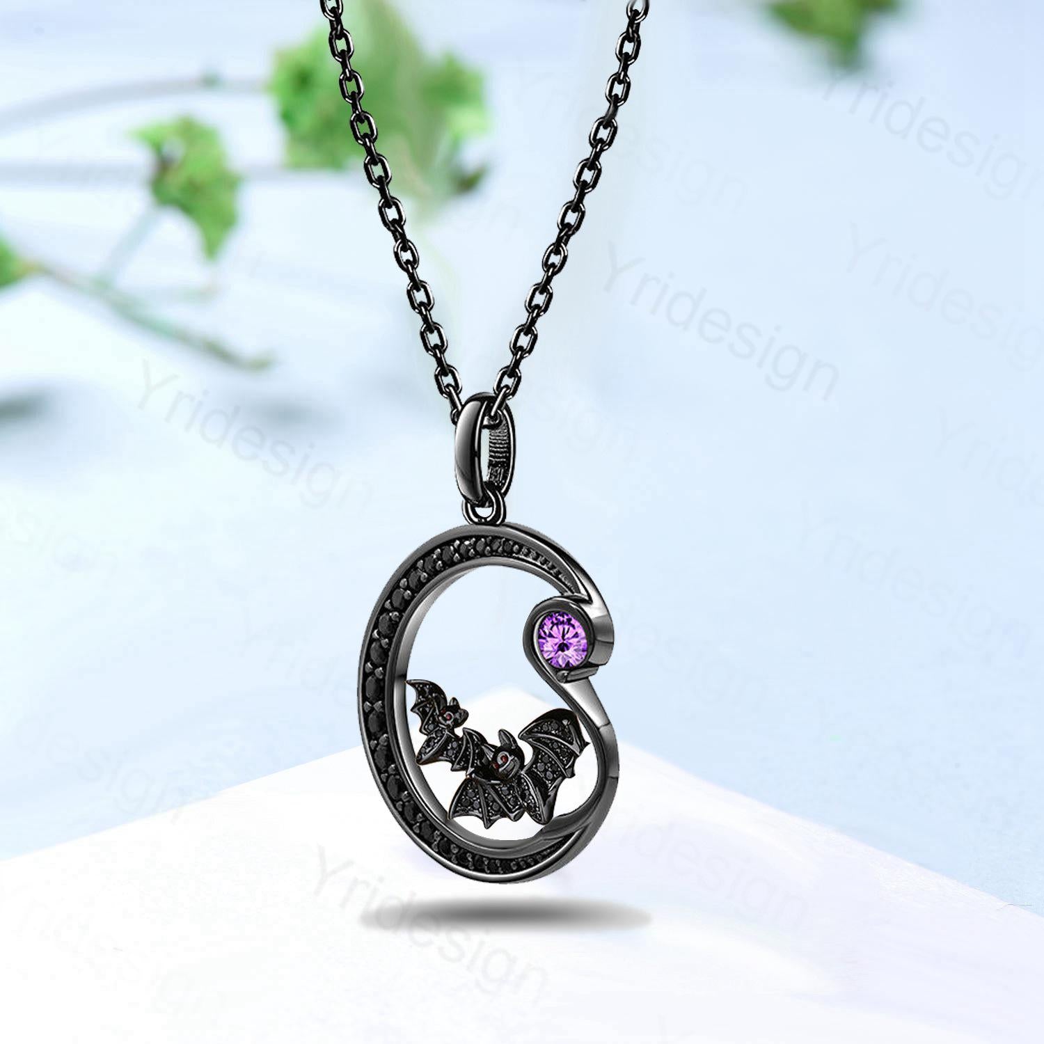 Unique Black Gold Night Moon Bat Gothic Pendant Necklace Magic Crescent Moon Amethyst Black Spinel Necklace Halloween Anniversary gift Women - PENFINE