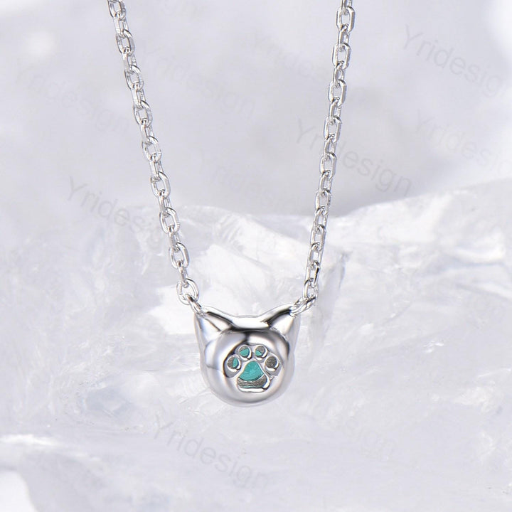 Dainty cat emerald pendant necklace, silver white gold pendant necklace unique personalized gift, Cat's Paw anniversary gift for daughter - PENFINE