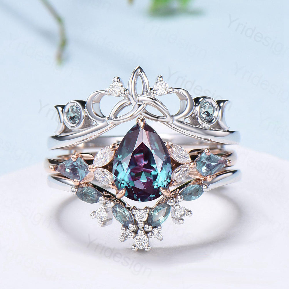 Vintage alexandrite engagement ring set, Pear shaped color change cluster alexandrite wedding ring set, Double curved enhancer stacking band - PENFINE