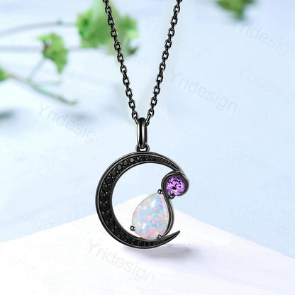 Magic Crescent Moon Black Gold Opal Amethyst Gothic Pendant Necklace Unique Pear Shaped Fire White Opal Black Spinel Necklace Halloween Girl - PENFINE