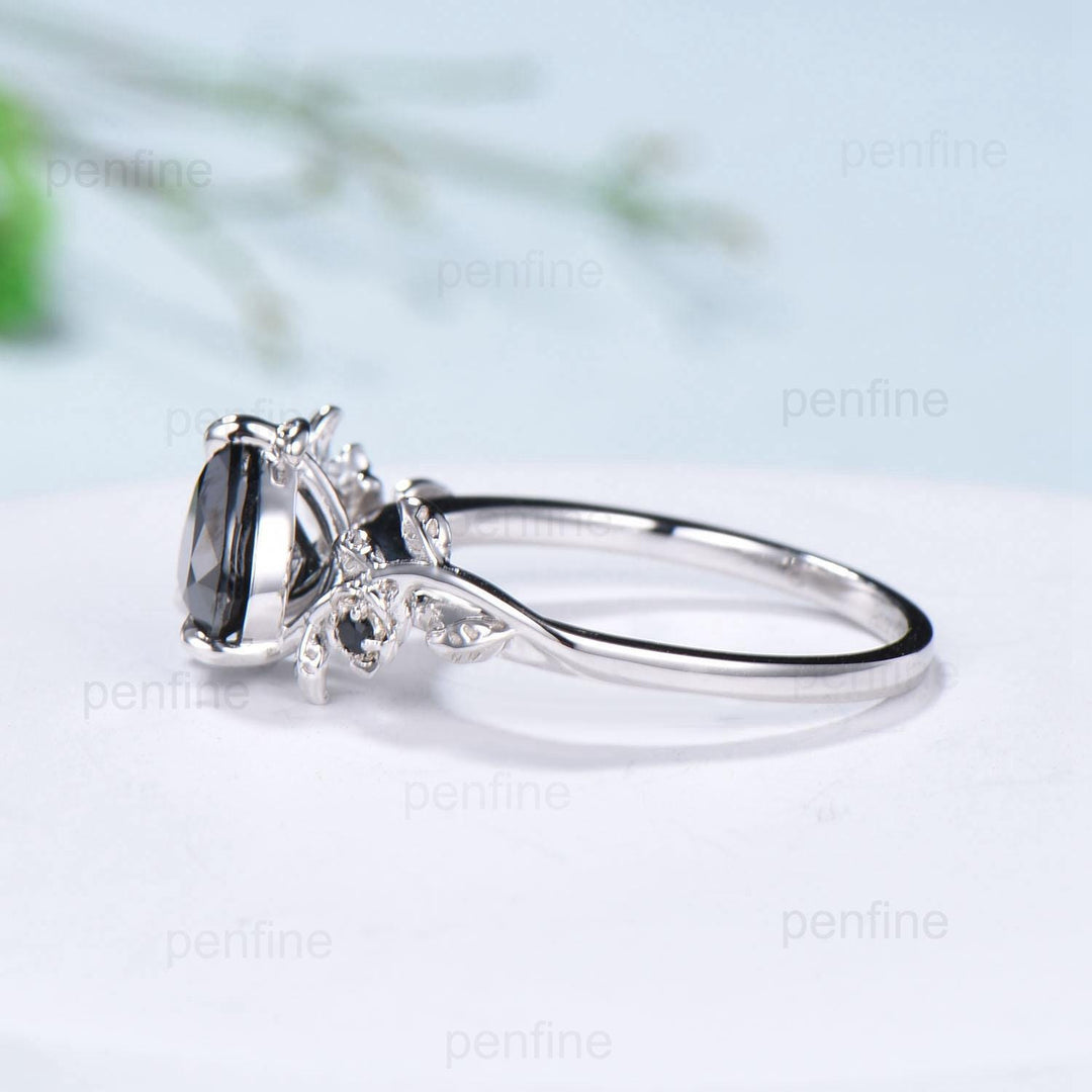 Leaf Twig Heart Shaped Black Moissanite Ring Floral Nature Inspired Engagement Ring Unique Branch Wedding Anniversary Ring Gifts for Women - PENFINE