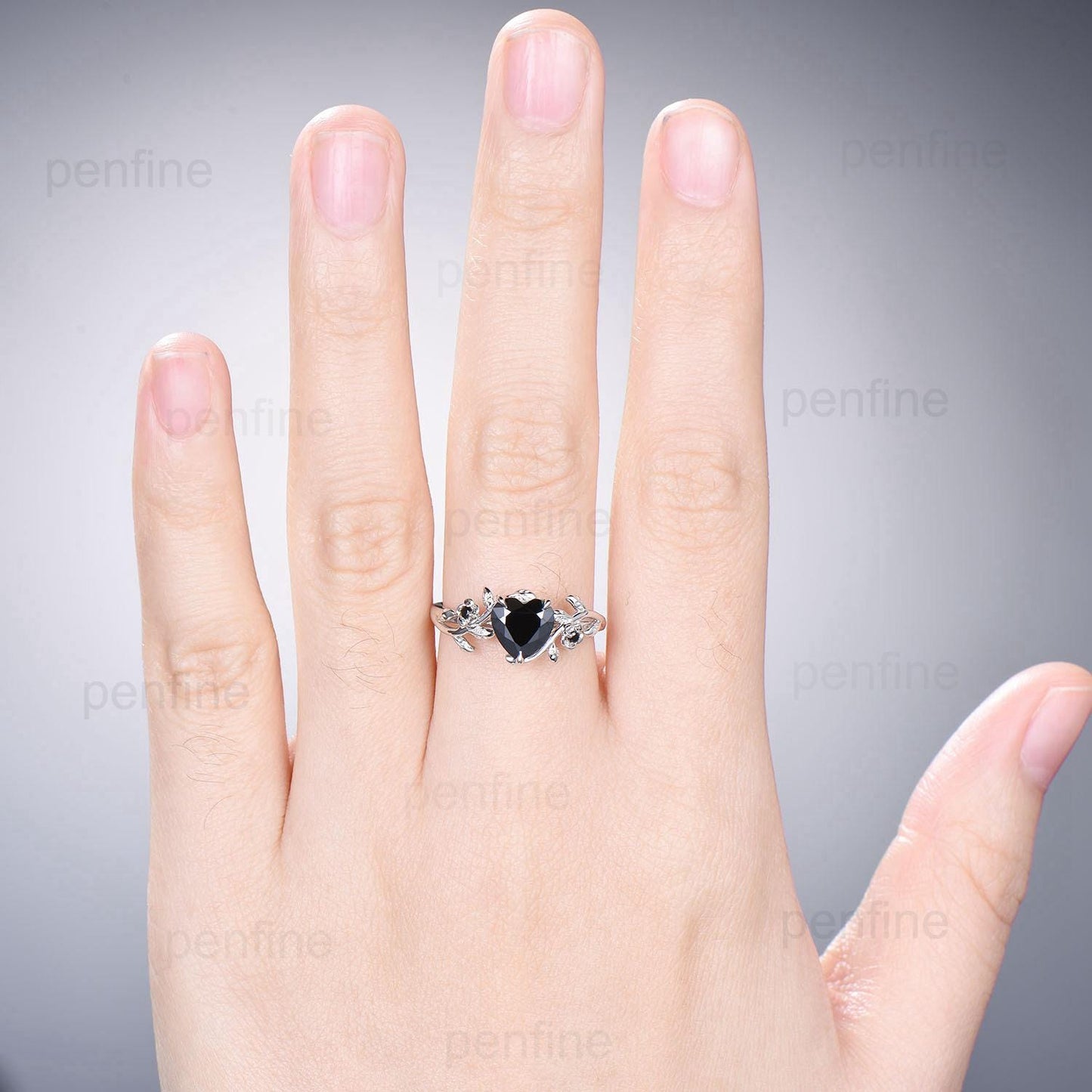 Leaf Twig Heart Shaped Black Moissanite Ring Floral Nature Inspired Engagement Ring Unique Branch Wedding Anniversary Ring Gifts for Women - PENFINE