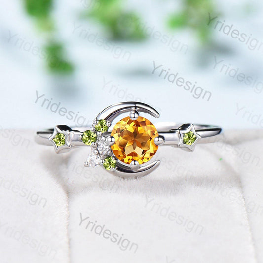 Vintage Peridot Citrine Wedding Ring Women Unique Crescent Moon Birthstone Ring Unique Art Deco Matching Band Anniversary Gift for Daughter - PENFINE