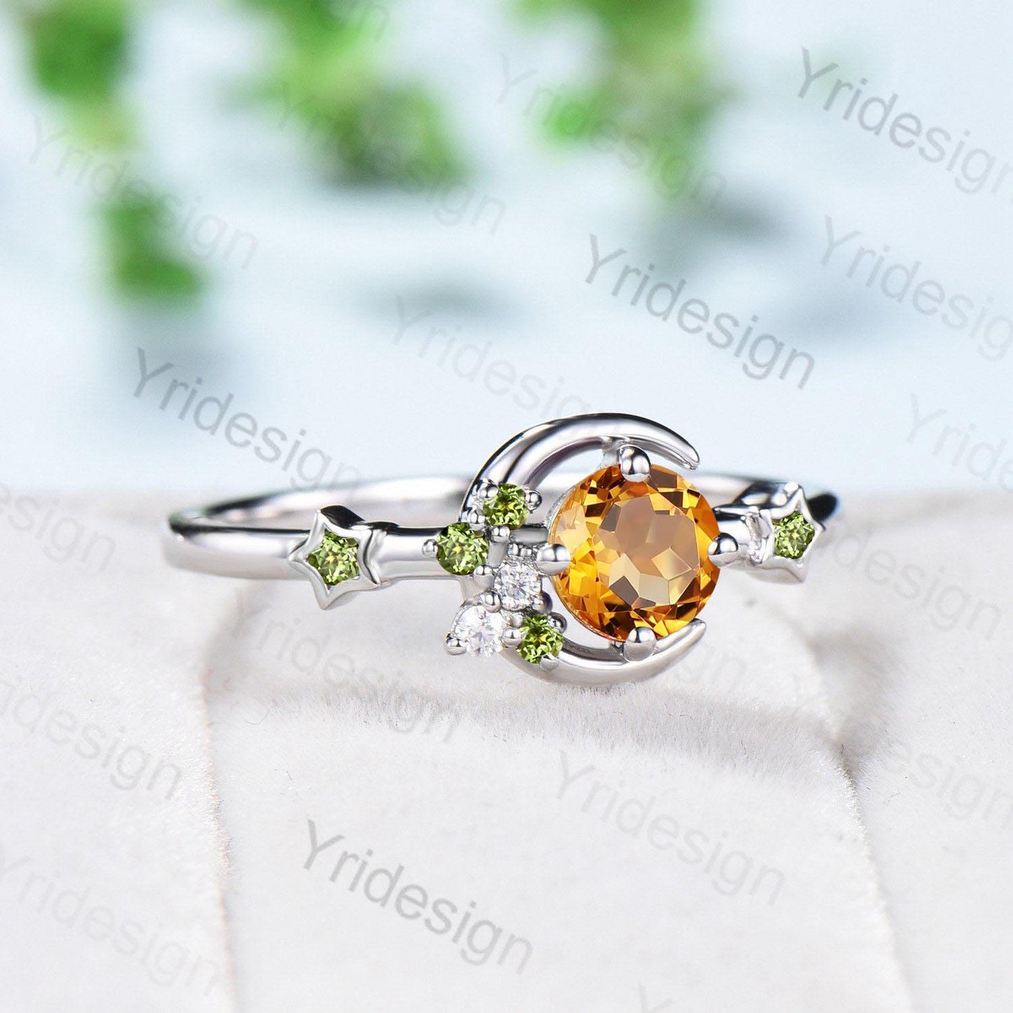 Vintage Peridot Citrine Wedding Ring Women Unique Crescent Moon Birthstone Ring Unique Art Deco Matching Band Anniversary Gift for Daughter - PENFINE