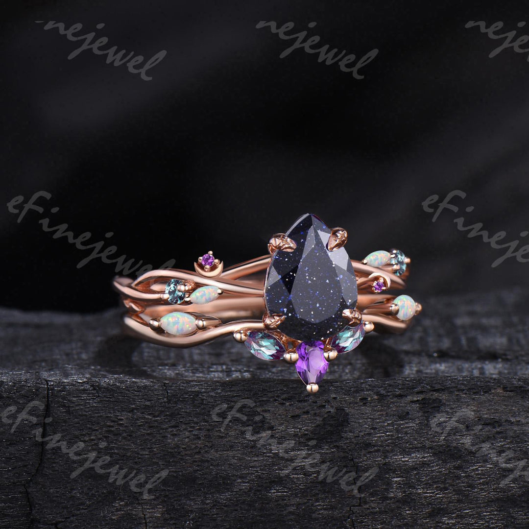 Pear Blue Sandstone Engagement Ring Set, Amethyst Opal Cluster, Gold Moon Wedding - PENFINE