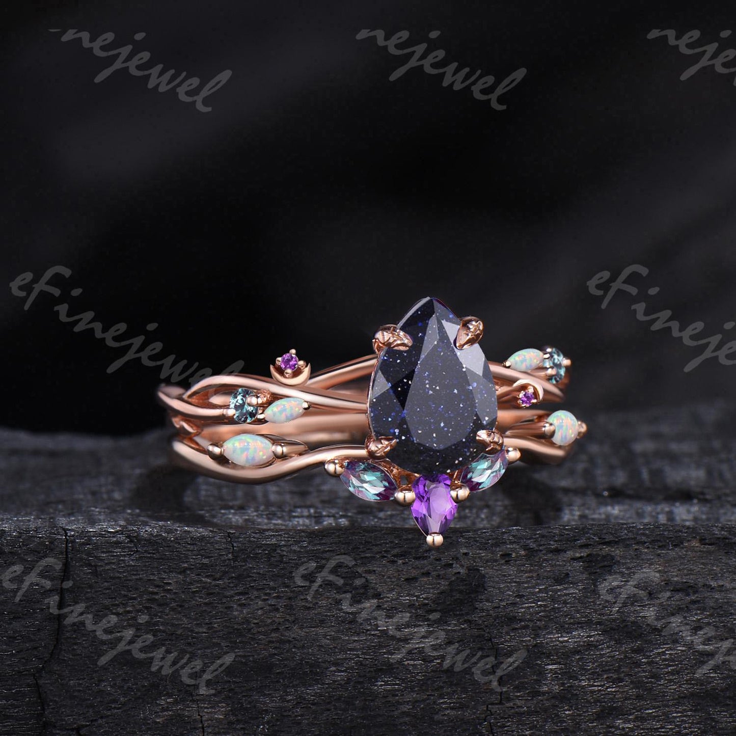Pear Blue Sandstone Engagement Ring Set, Amethyst Opal Cluster, Gold Moon Wedding - PENFINE