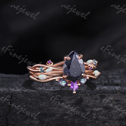 Pear Blue Sandstone Engagement Ring Set, Amethyst Opal Cluster, Gold Moon Wedding - PENFINE