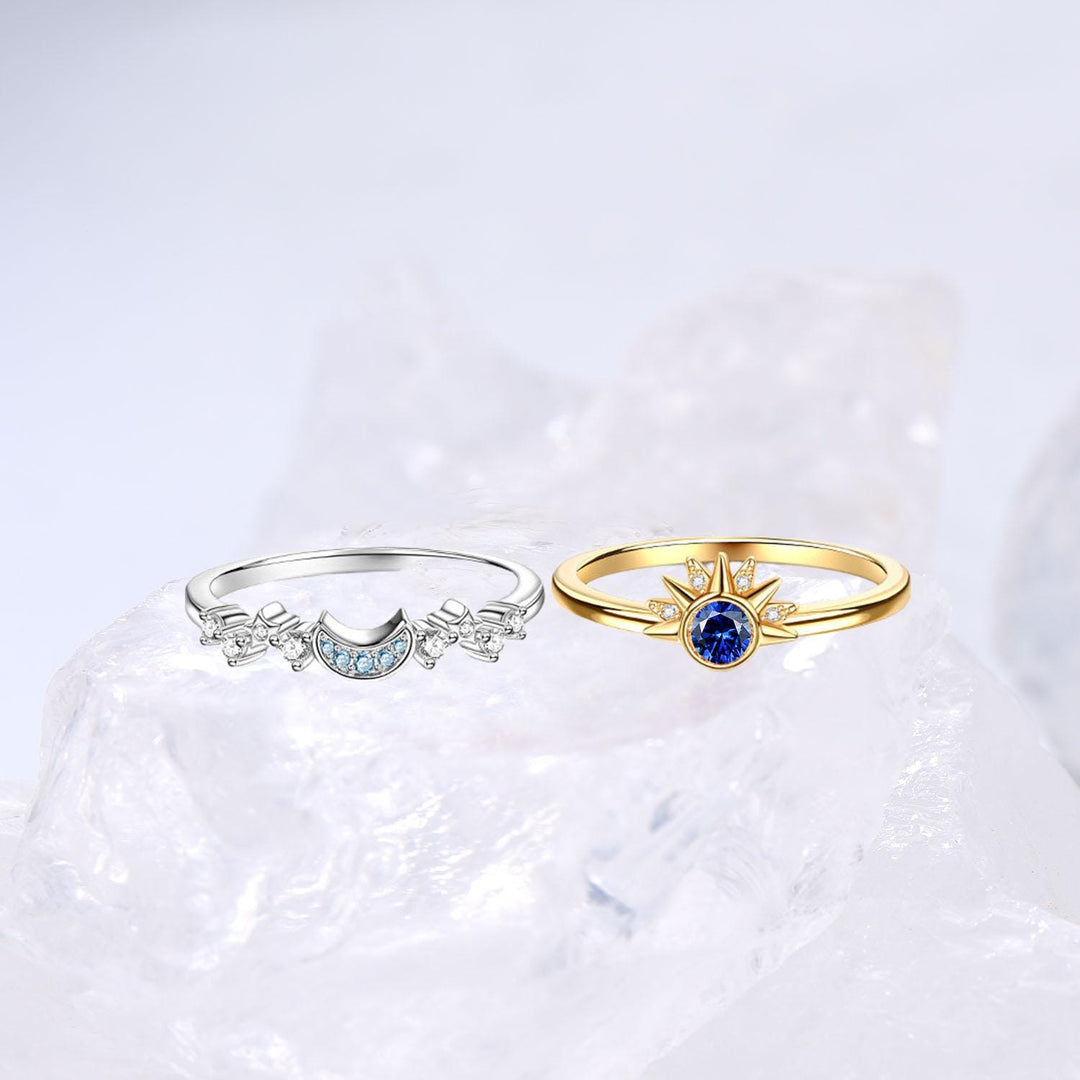 Crescent Moon Blue Sapphire Engagement Ring Set Unique Sun And Moon Wedding Ring Art Deco Star Bridal Ring Set for Women - PENFINE