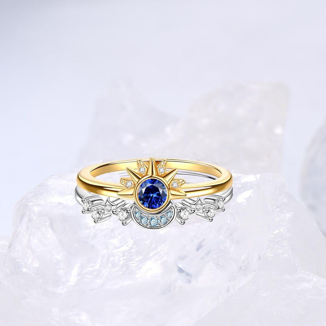 Crescent Moon Blue Sapphire Engagement Ring Set Unique Sun And Moon Wedding Ring Art Deco Star Bridal Ring Set for Women - PENFINE