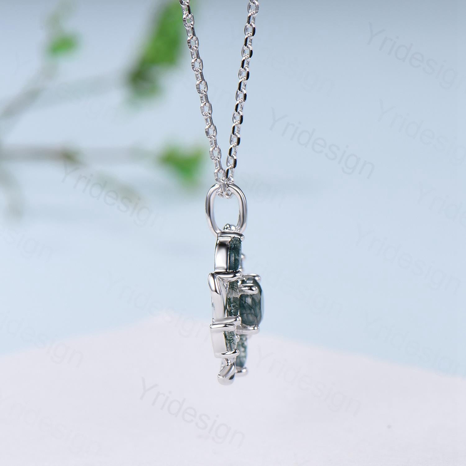 Handmade Blue Sandstone Necklace with Moss Agate, Nature Inspired Leaf Vine Pendant - PENFINE
