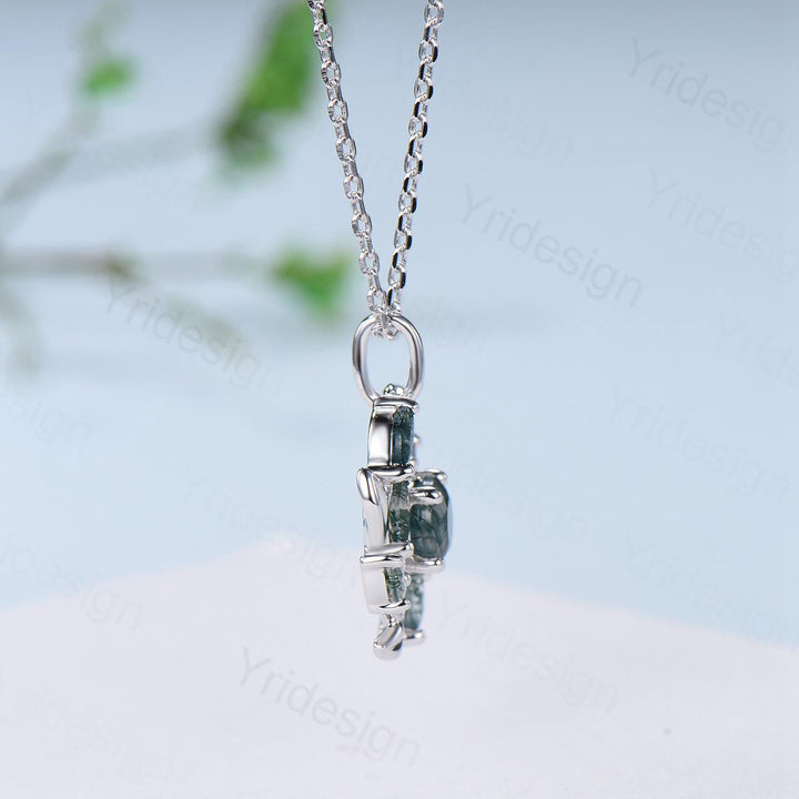 Handmade Blue Sandstone Necklace with Moss Agate, Nature Inspired Leaf Vine Pendant - PENFINE