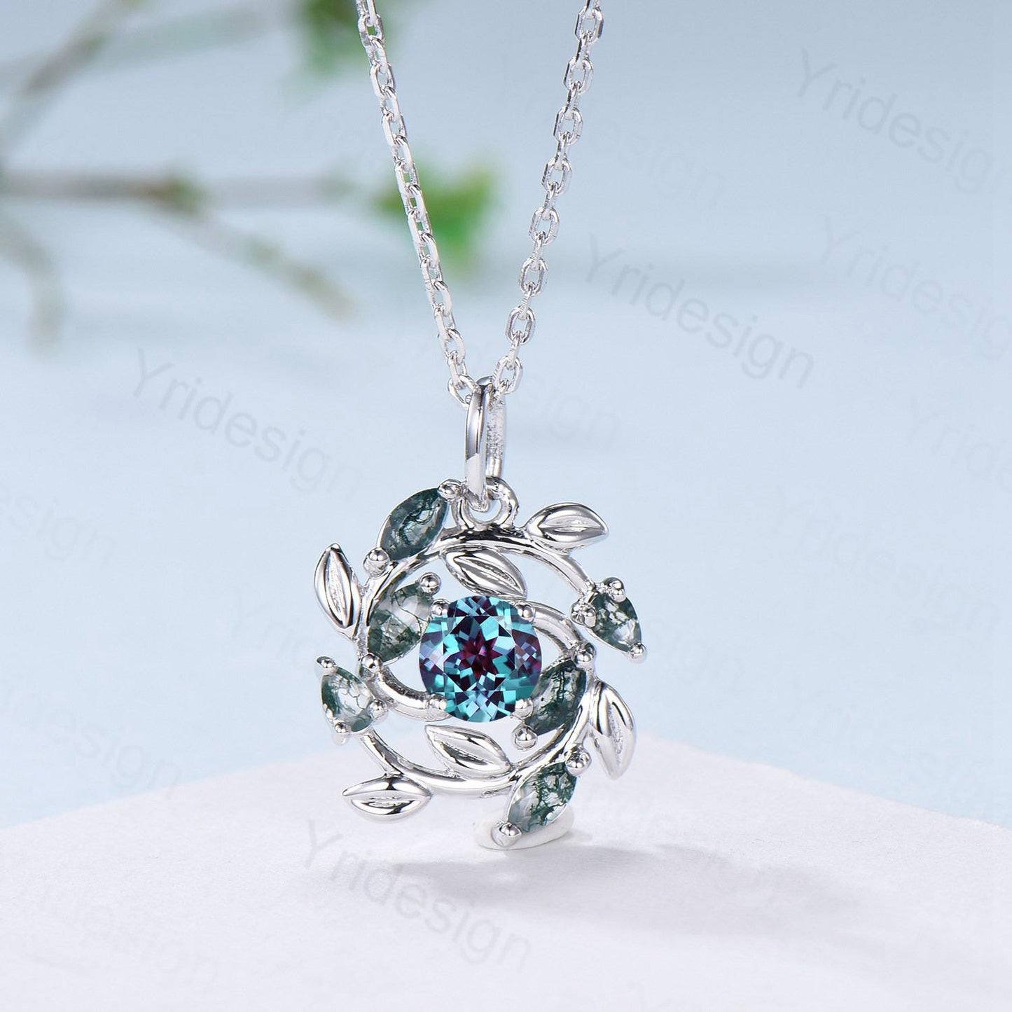 Handmade Blue Sandstone Necklace with Moss Agate, Nature Inspired Leaf Vine Pendant - PENFINE