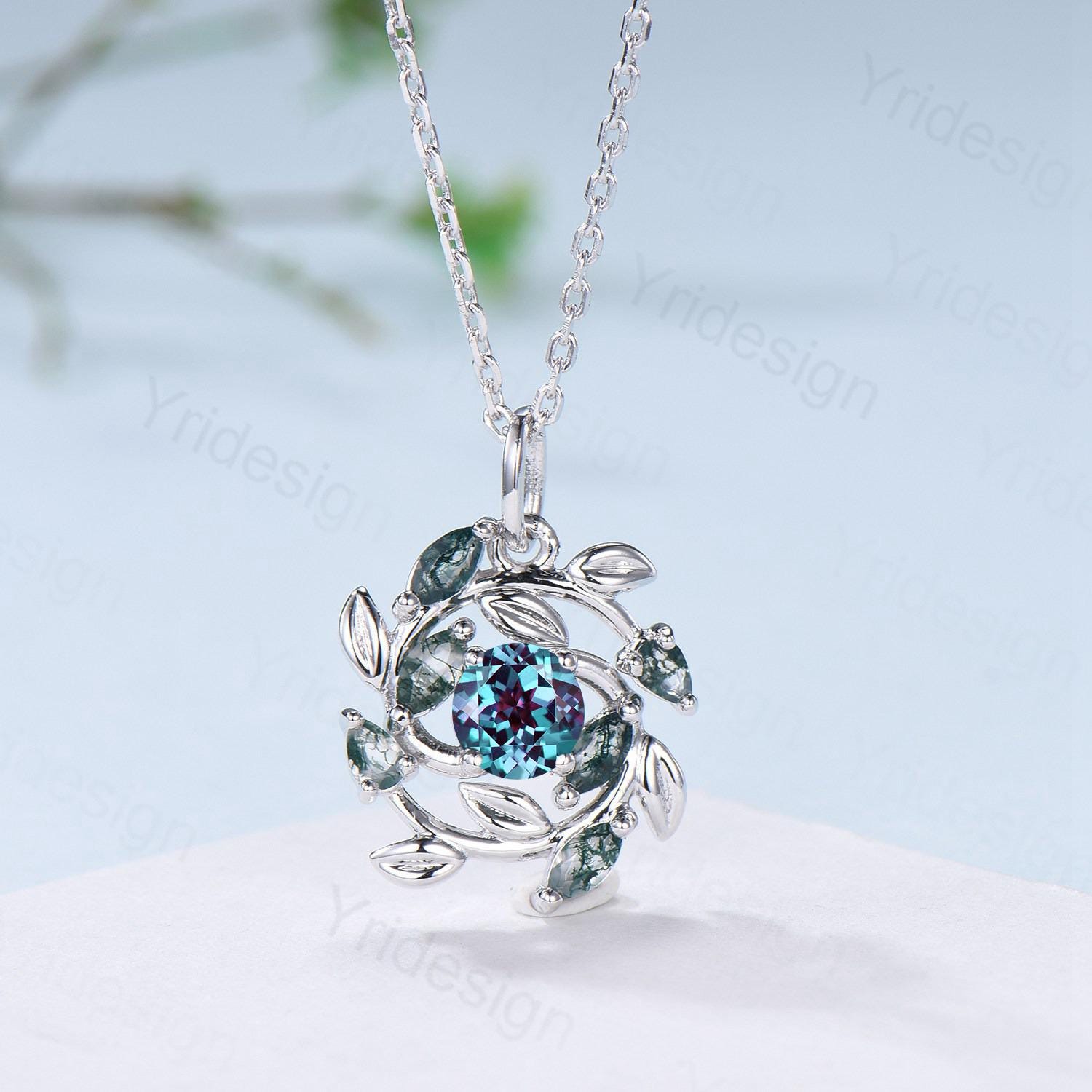 Handmade Blue Sandstone Necklace with Moss Agate, Nature Inspired Leaf Vine Pendant - PENFINE