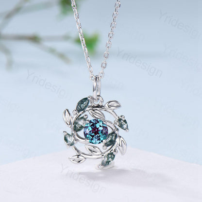 Handmade Blue Sandstone Necklace with Moss Agate, Nature Inspired Leaf Vine Pendant - PENFINE